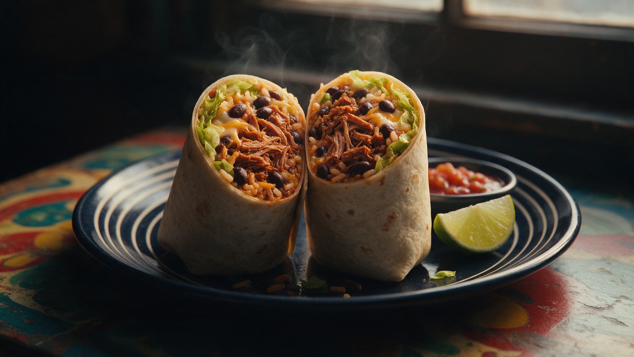 Burrito partido por la mitad mostrando el relleno de carne, arroz, frijoles y queso, con salsa y lima
